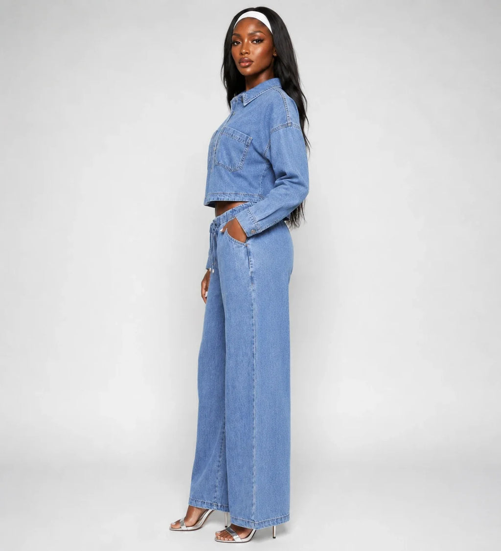 Cropped Denim Shirt Wide Leg Set WHD0607076