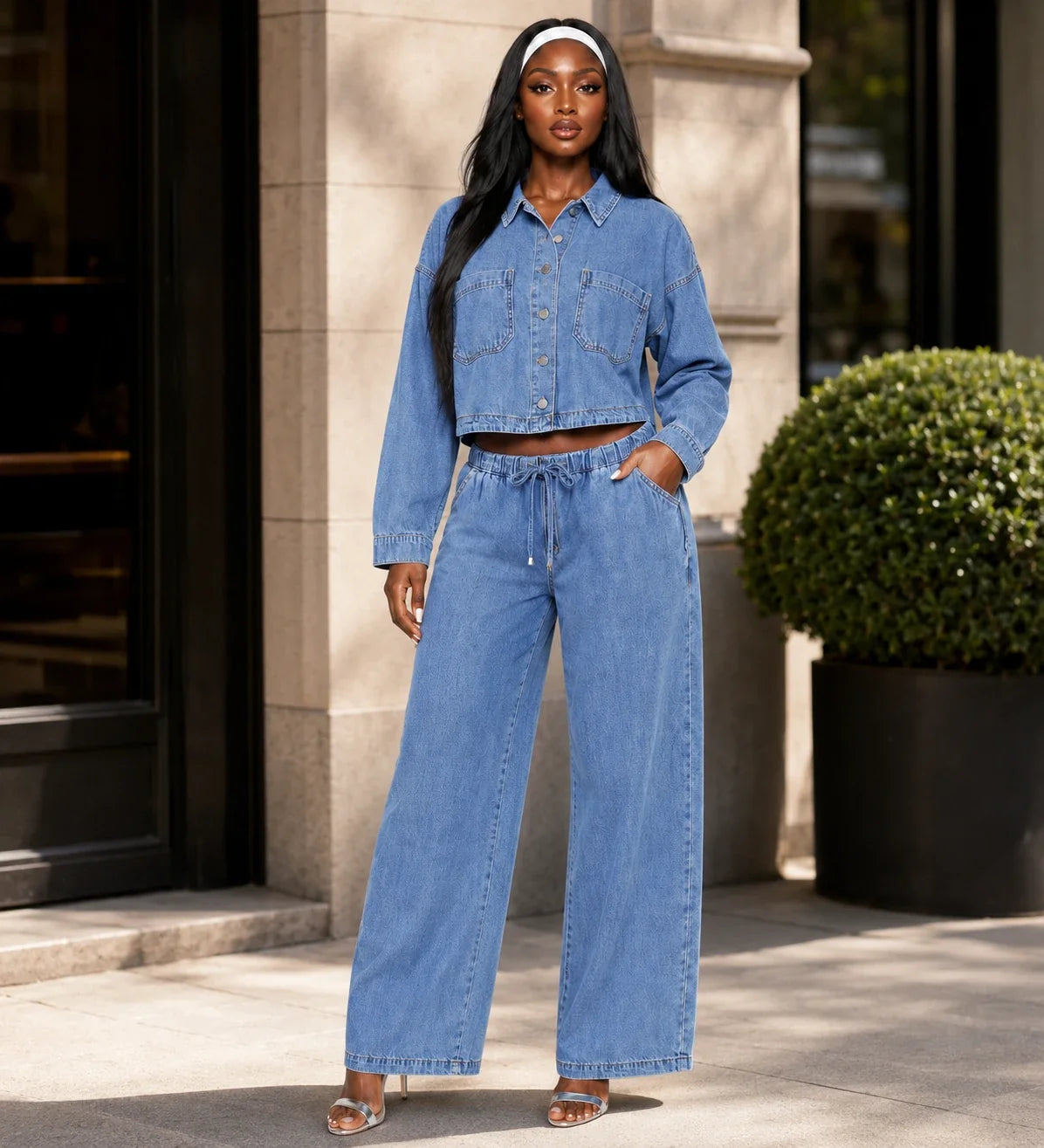 Cropped Denim Shirt Wide Leg Set WHD0607076