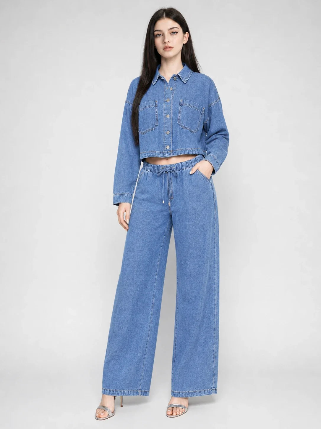 Cropped Denim Shirt Wide Leg Set WHD0607076