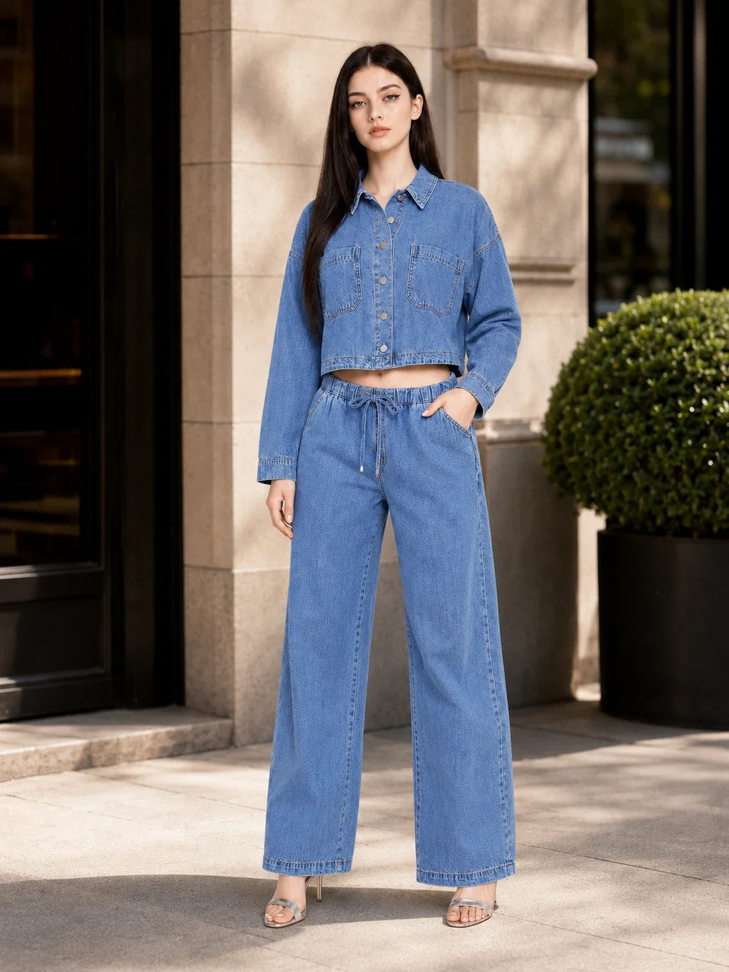 Cropped Denim Shirt Wide Leg Set WHD0607076