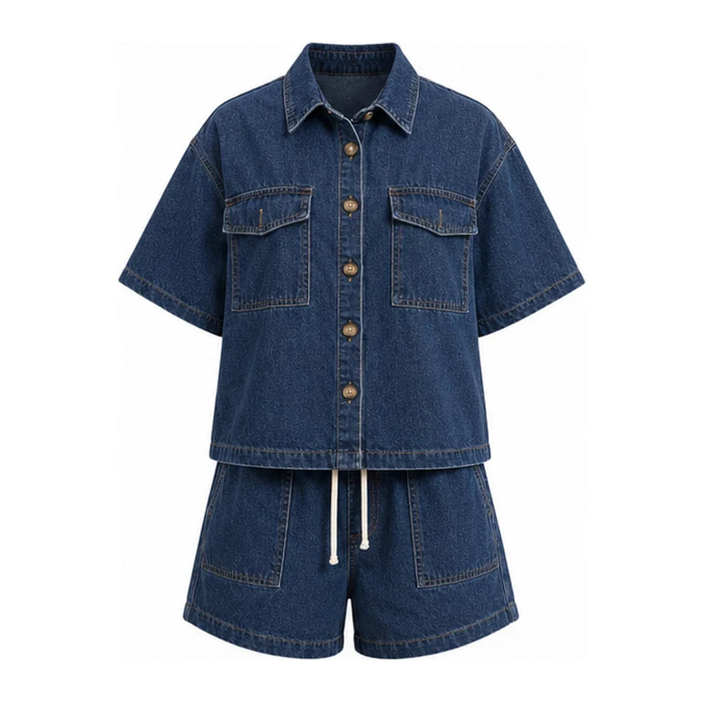 Utility Pocket Denim Shirt Shorts Set WHD0607077