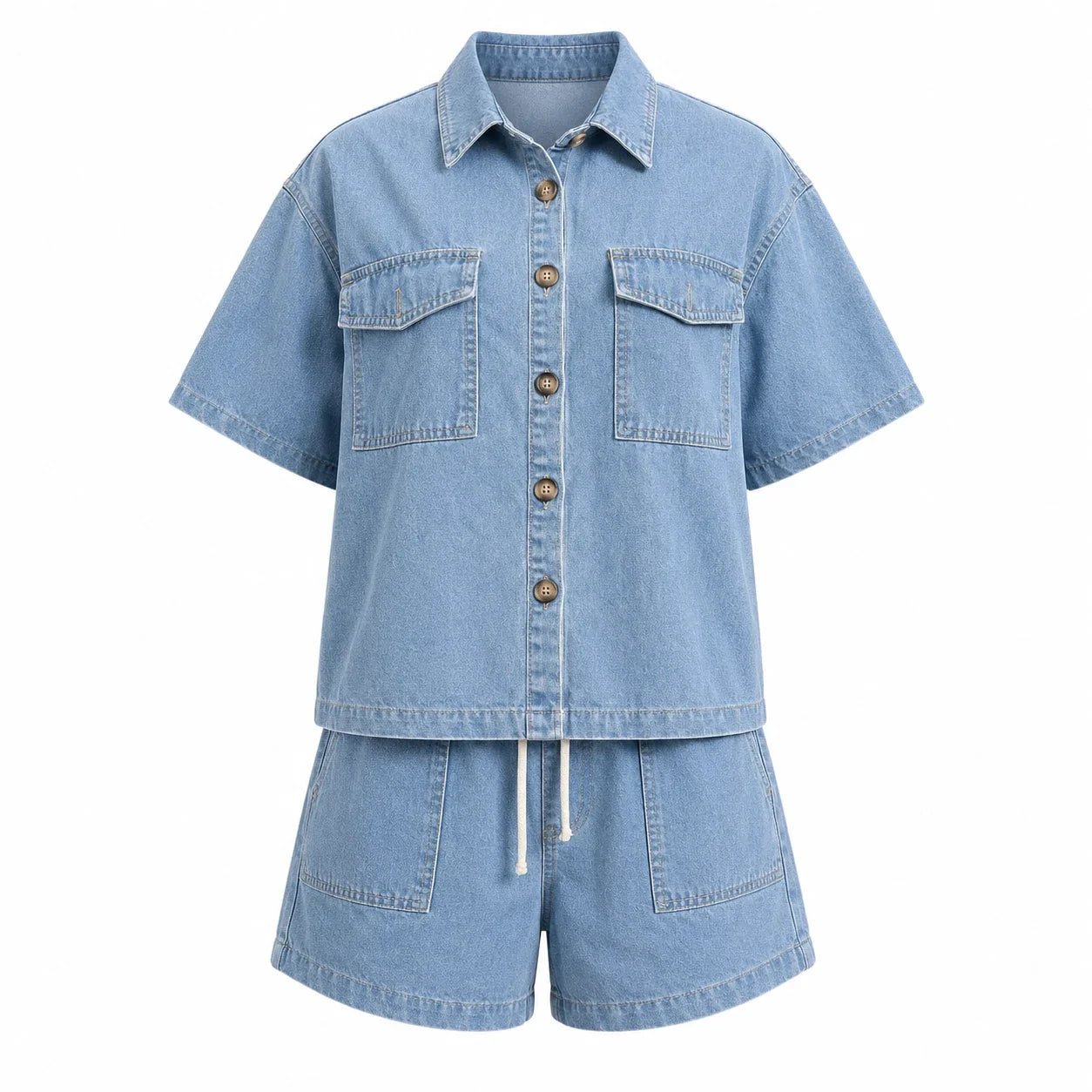 Utility Pocket Denim Shirt Shorts Set WHD0607077