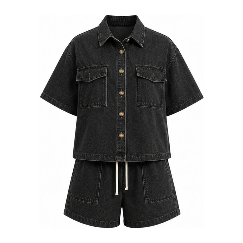Utility Pocket Denim Shirt Shorts Set WHD0607077