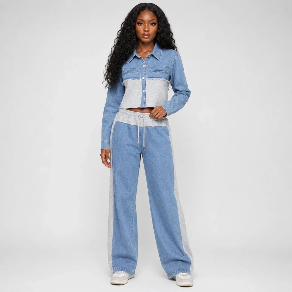 Mixed Media Denim Wide Leg Set WHD0607078