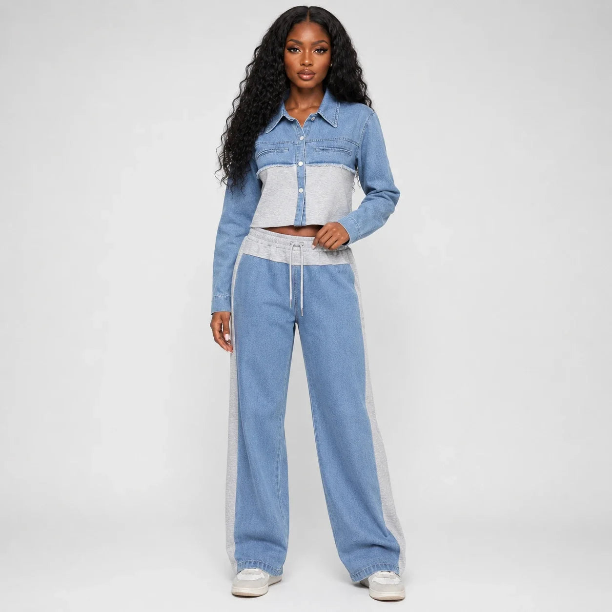 Mixed Media Denim Wide Leg Set WHD0607078