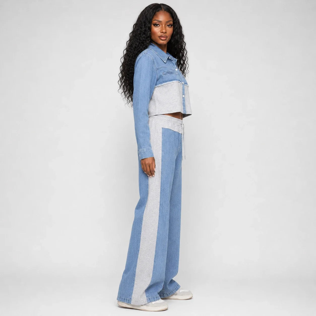 Mixed Media Denim Wide Leg Set WHD0607078