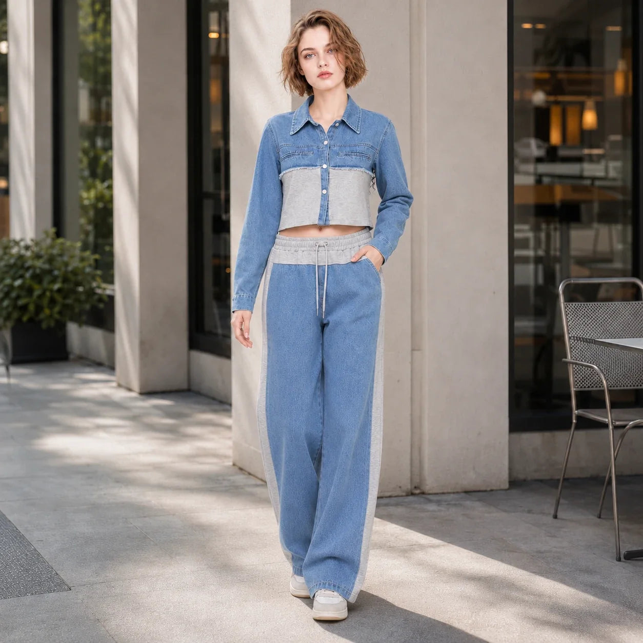 Mixed Media Denim Wide Leg Set WHD0607078