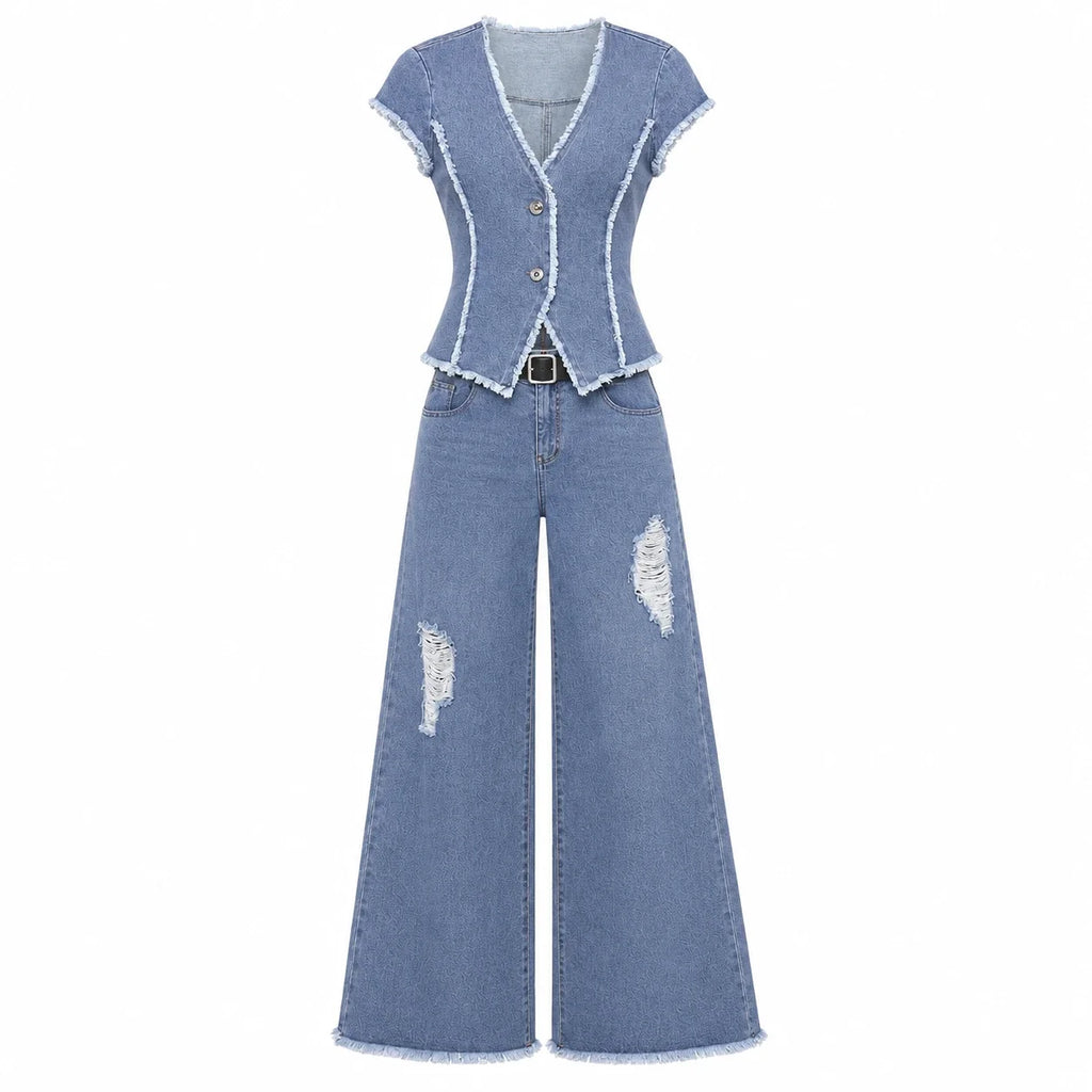Frayed Denim Vest Wide Leg Set WHD0607079