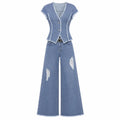 Frayed Denim Vest Wide Leg Set WHD0607079