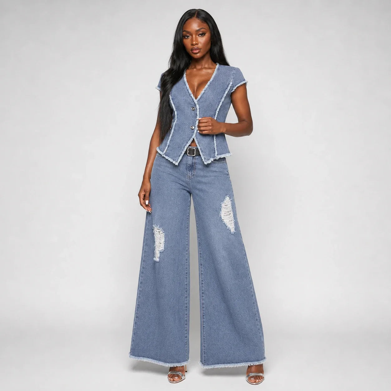 Frayed Denim Vest Wide Leg Set WHD0607079