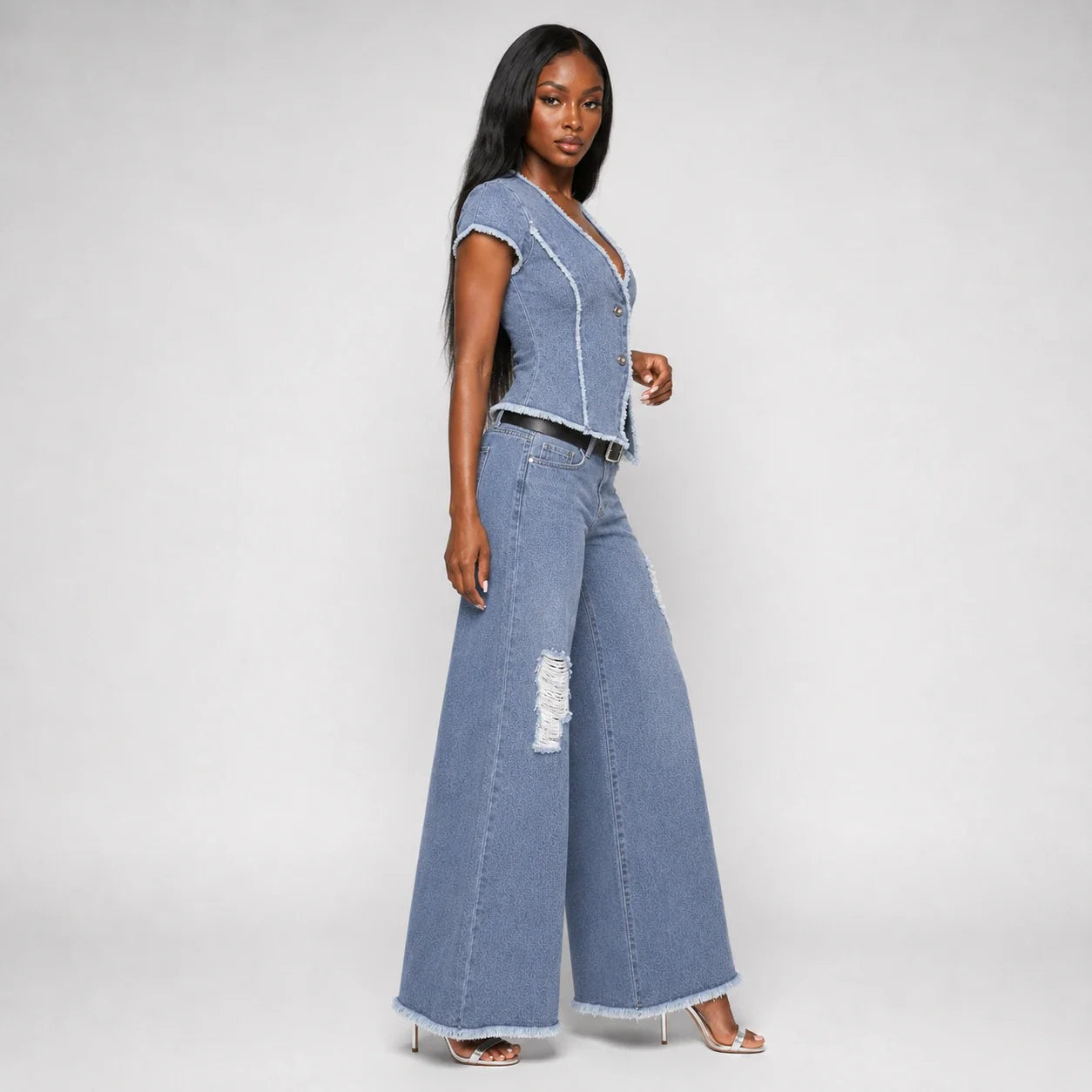 Frayed Denim Vest Wide Leg Set WHD0607079