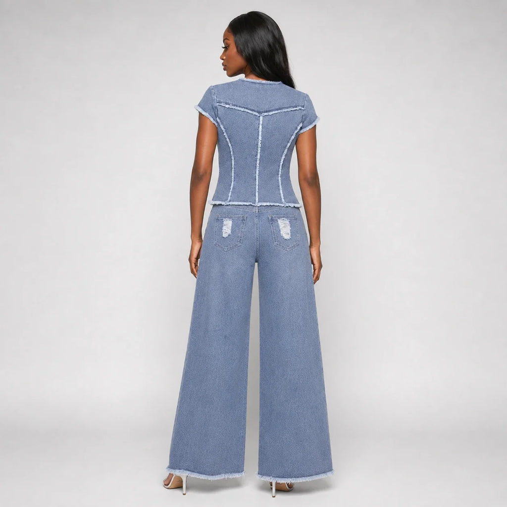 Frayed Denim Vest Wide Leg Set WHD0607079