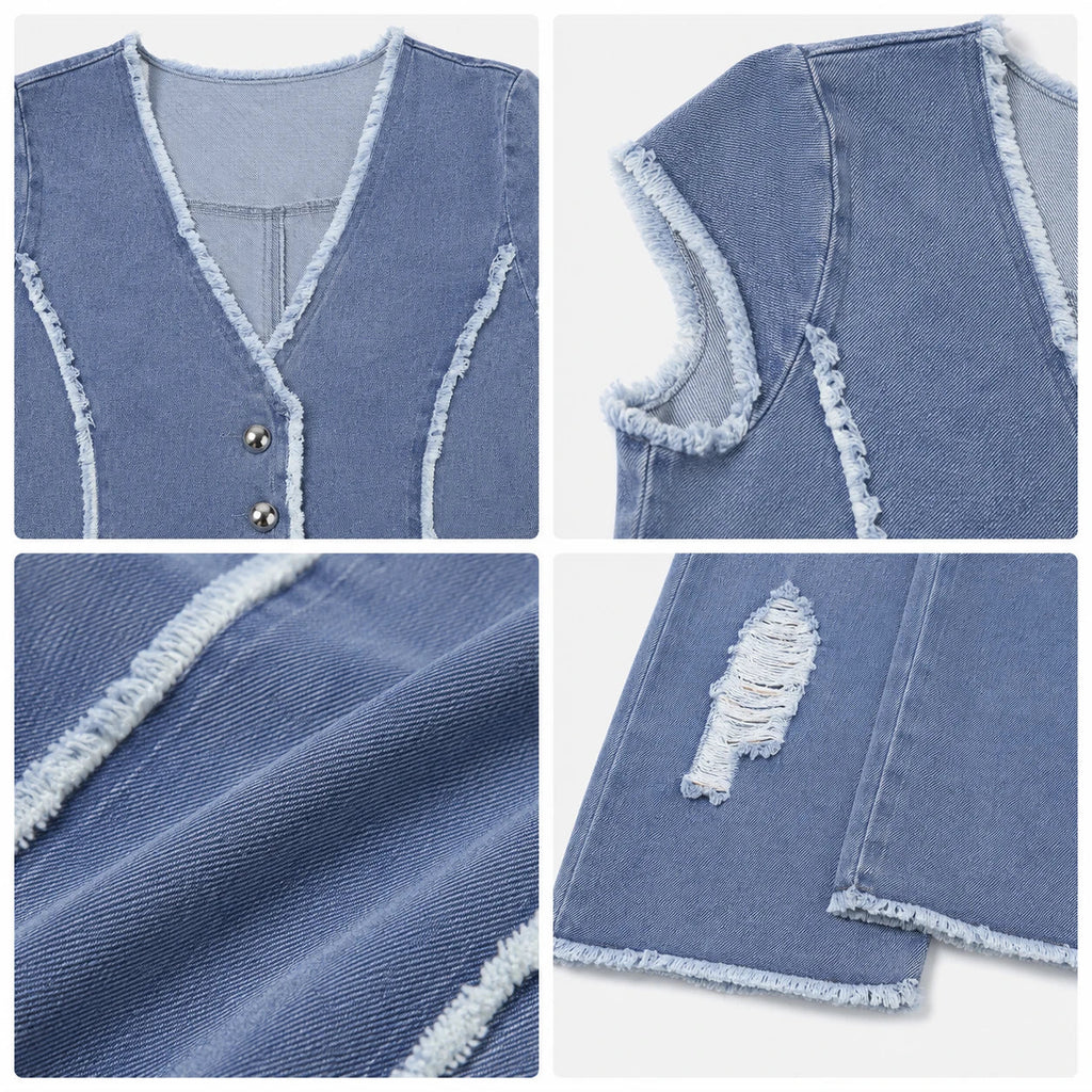 Frayed Denim Vest Wide Leg Set WHD0607079