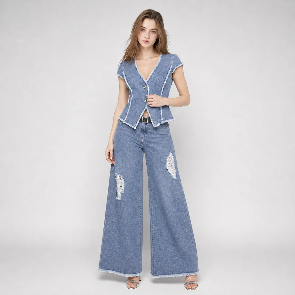 Frayed Denim Vest Wide Leg Set WHD0607079