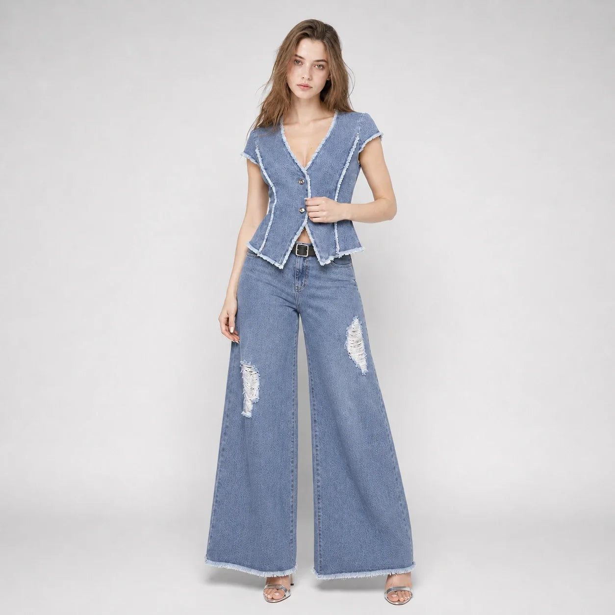 Frayed Denim Vest Wide Leg Set WHD0607079