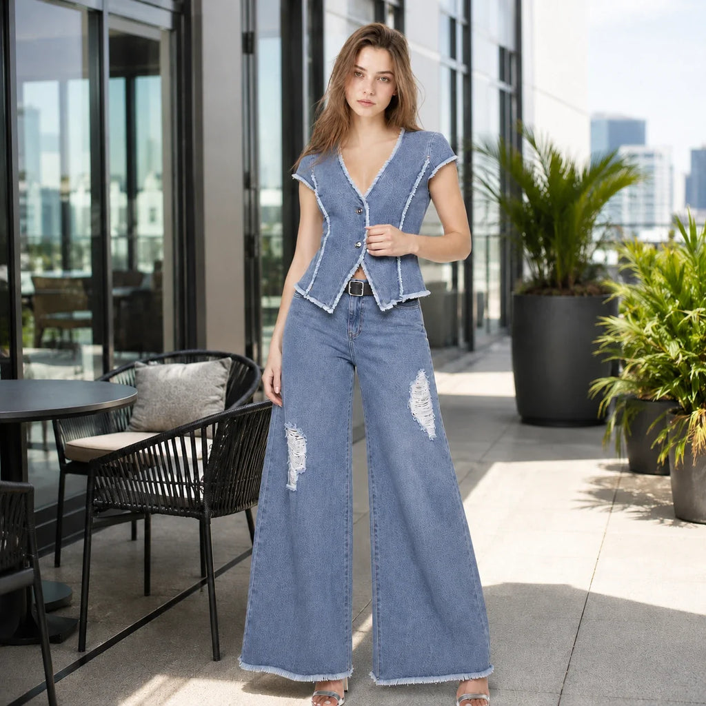 Frayed Denim Vest Wide Leg Set WHD0607079