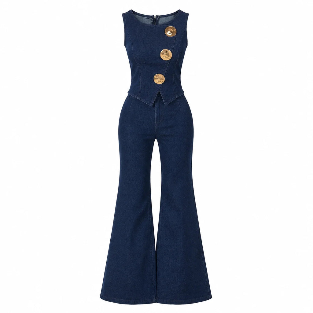 Gold Button Denim Flare Set WHD0607080