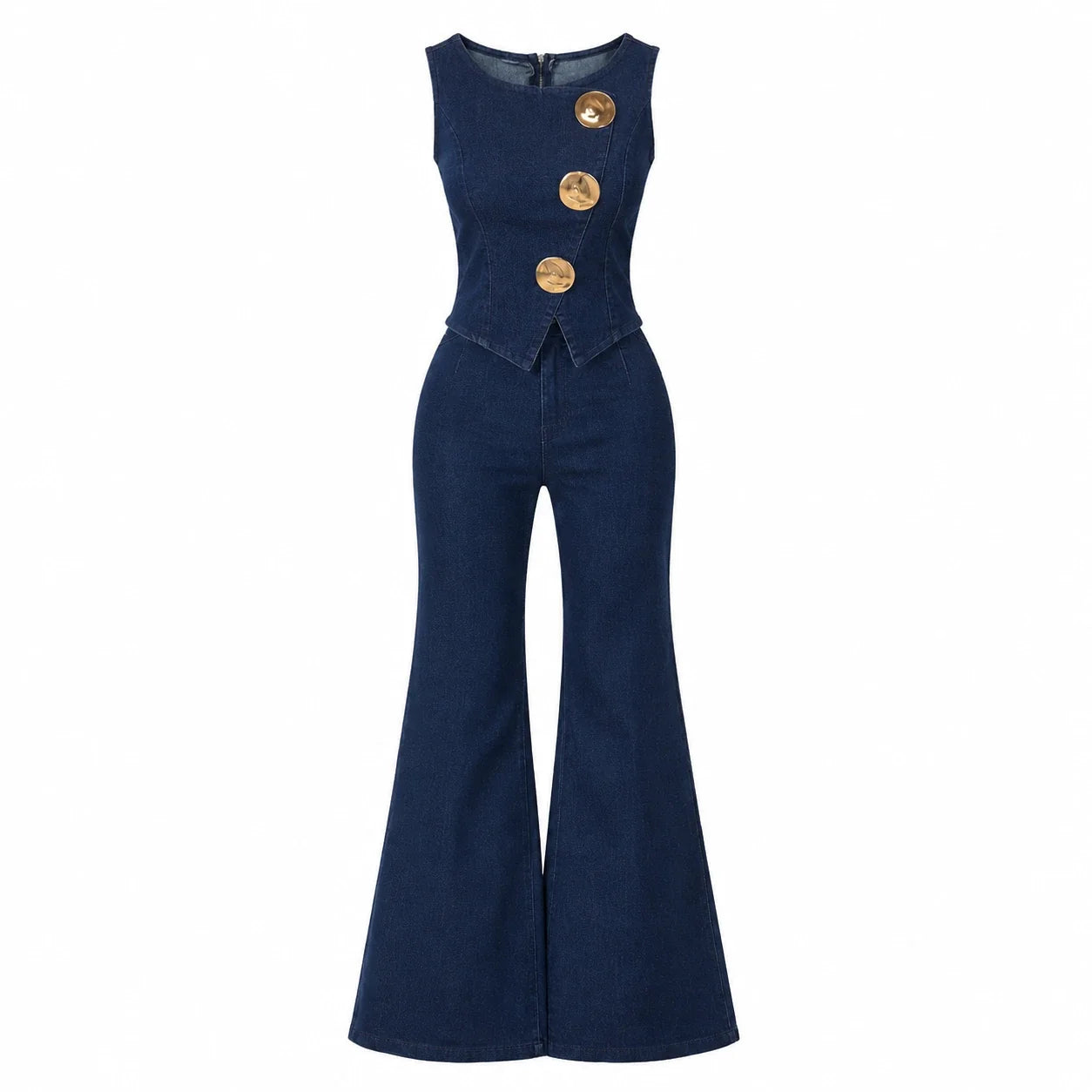 Gold Button Denim Flare Set WHD0607080