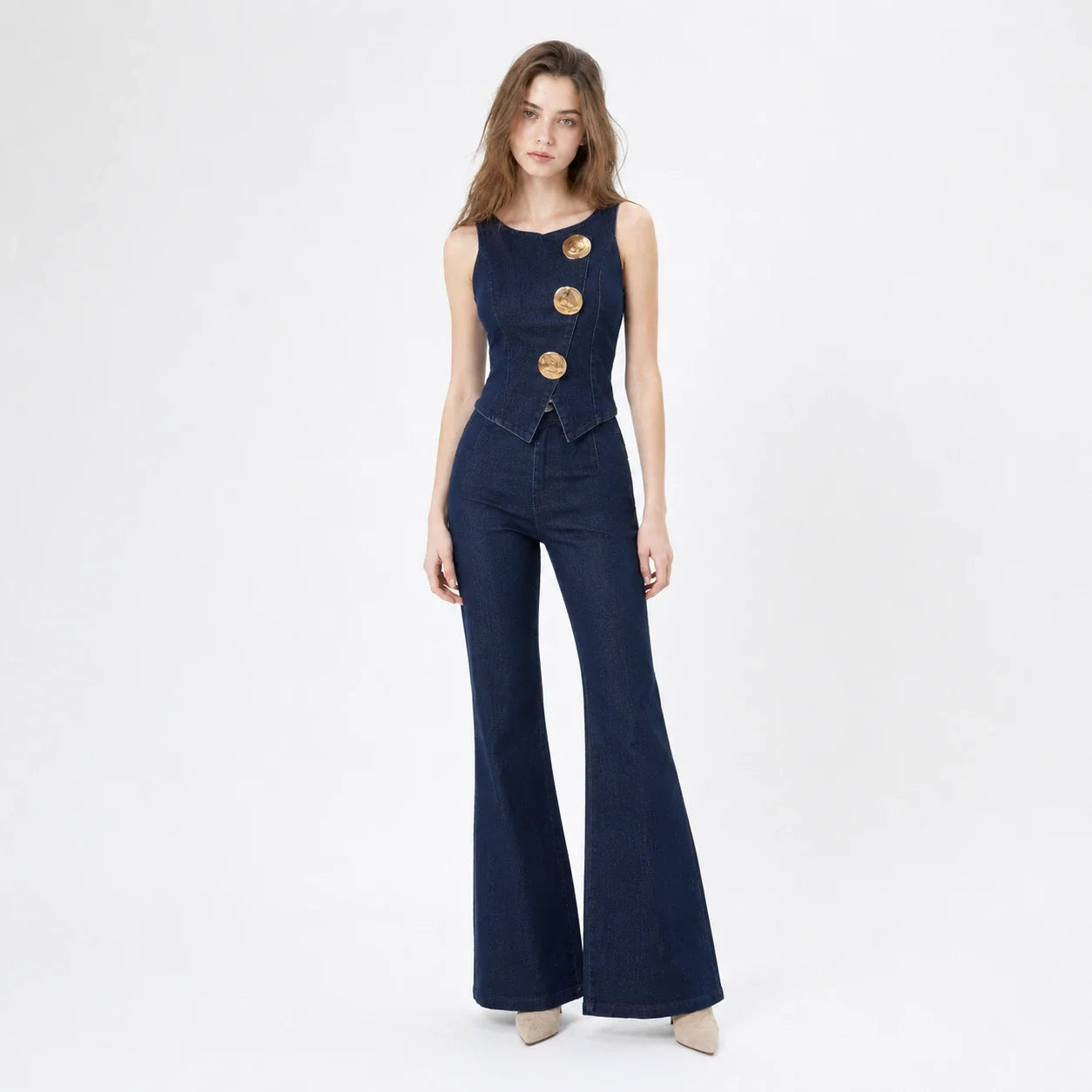 Gold Button Denim Flare Set WHD0607080