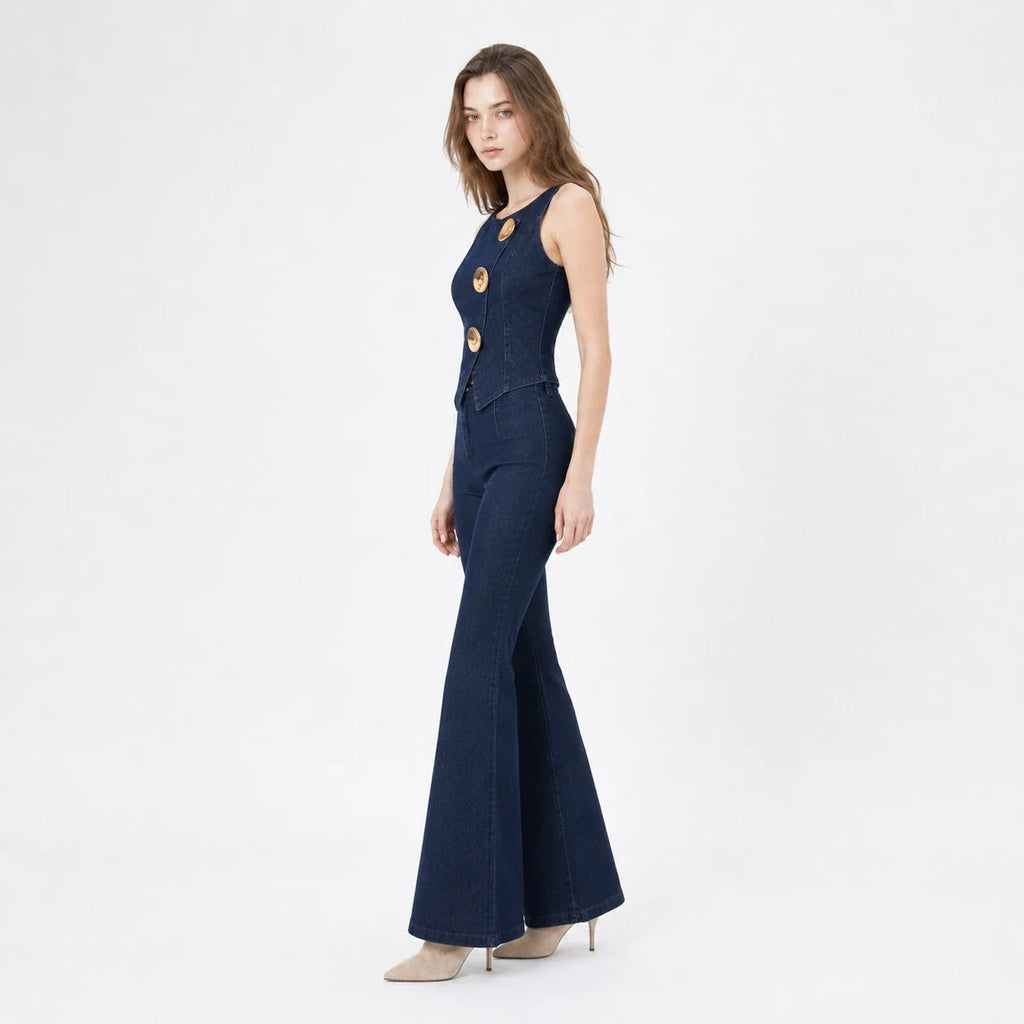 Gold Button Denim Flare Set WHD0607080