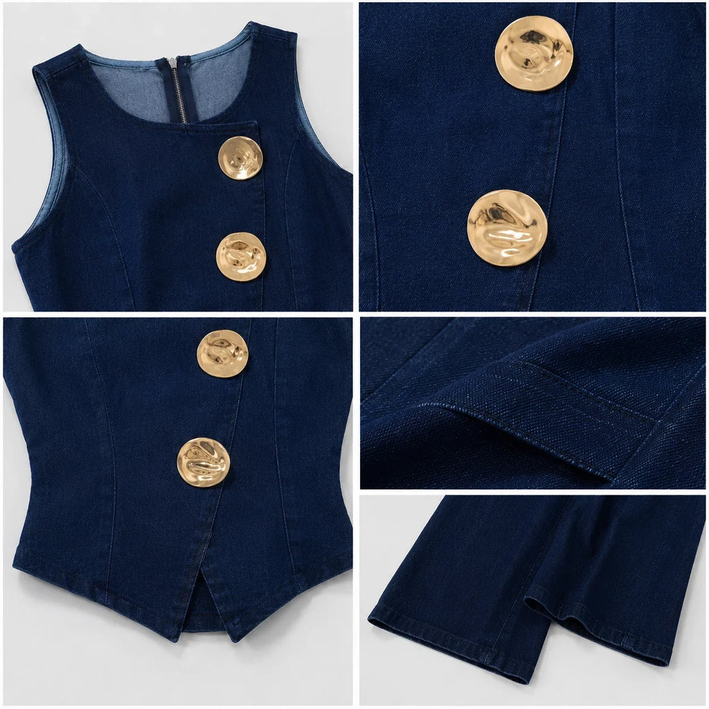 Gold Button Denim Flare Set WHD0607080