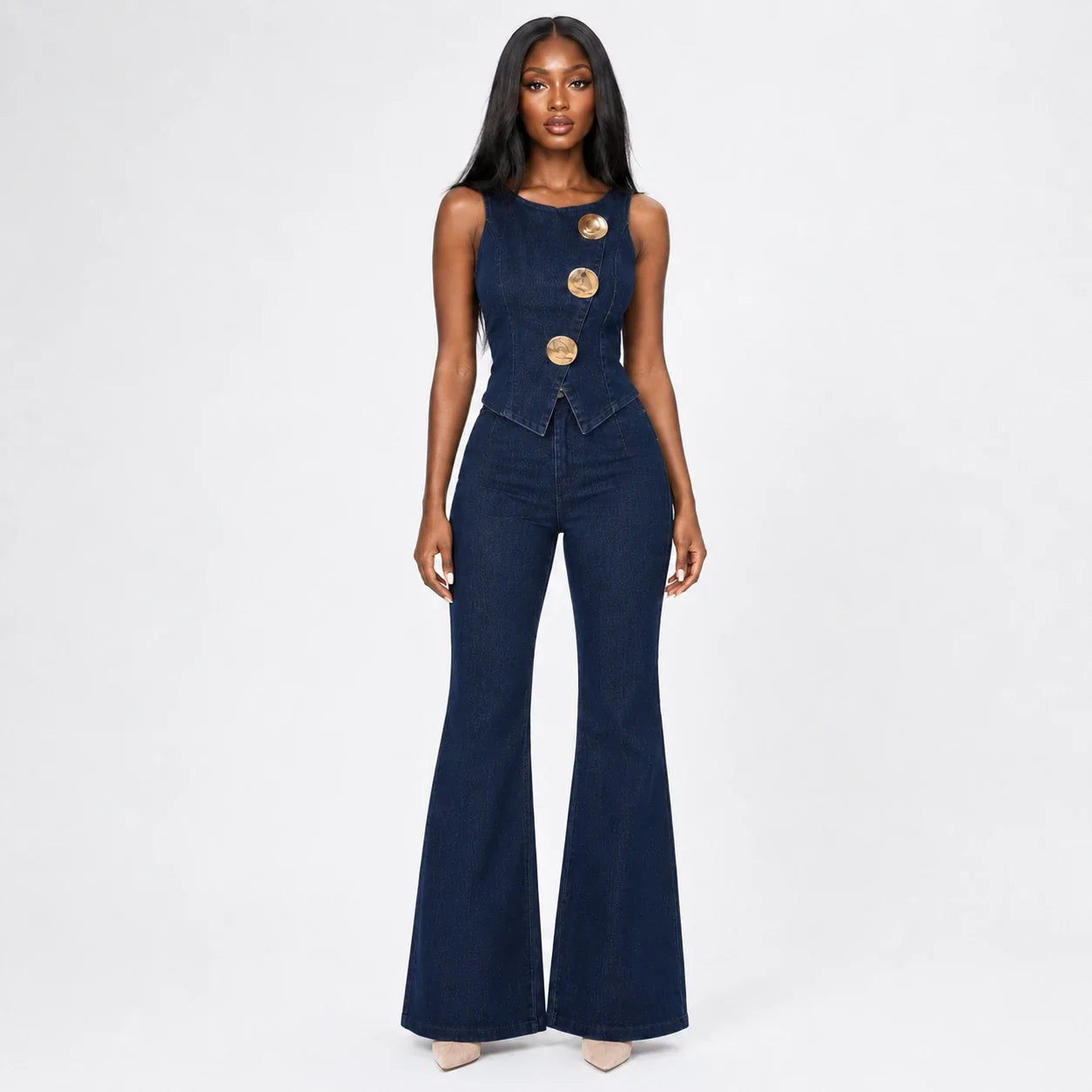 Gold Button Denim Flare Set WHD0607080